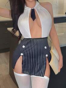 SHEIN 4 件套派对俱乐部服装：开衩绷带迷你裙、丁字裤和 2 双长袜，Rave - 彩色 - 查看 4