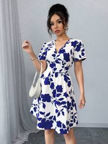 Selianne Women Elegant Ruched Print Bodycon Mini Dress, Suitable For Commuting And Everyday Wear