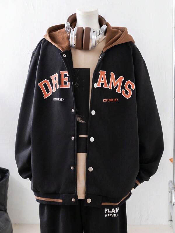 SHEIN 1pc Teen Boys' Casual, Warm, Color Block Baseball Hooded Jacket With Hollow Letters Print, Thermal Lined , Simple, Neat And Woven Style, Suitable For Winter, Outdoor Activities, Travel, And School