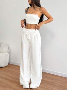 SHEIN PETITE 女款弹性腰部阔腿直筒裤，度假休闲风格，小码版型，春夏 - 白色 - 查看 6