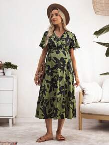 SHEIN Robe de vacances décontractée à manches volantées avec imprimé floral pour femmes enceintes - Militaire verte - Voir 5