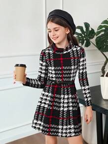 SHEIN Garota pré-adolescente Impressão Xadrez Gola Simulada Vestido Sem Cinto