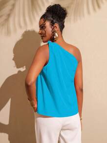 Vesra Women's Pleated Fashion One-Shoulder Tie Front Top Summer - Blue - View 2
