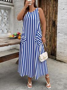 SHEIN LUNE 女式休闲条纹竹结无袖开口袋长裙，春夏 - 藍白色 - 查看 1