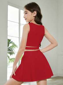 Tween Girls White Solid Color Spring/Summer Outfit, Minimalist Solid Color Comfortable Versatile Suit, Collegiate Casual Sportswear, Running/Outdoor Chic High Waist Design Snug Fit & Lengthening All-Match Girls Suit - Red - View 2