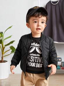 SHEIN Baby Boy Girl Zip Up Quilted Bomber Jacket,In Fall/Winter - Black - View 3