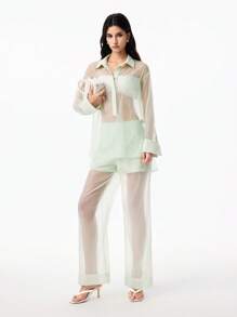 LYSMO Women's Mint Green Semi-Transparent Patchwork Lightweight Asymmetrical Summer Elegant Seksi Chic Club Night Oversized Shirt For Beach Vacation 2025 - Green - View 4