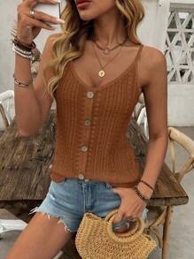 SHEIN LUNE 女士时尚镂空提花纹理波西米亚风纽扣装饰吊带背心 - 棕色 - 查看 5