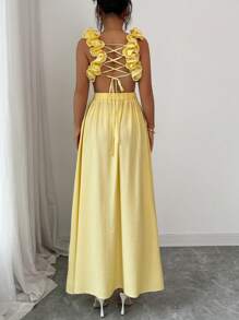 Elenzga Vestido elegante de mujer de unicolor con dobladillo con volantes, abertura en la cintura y diseño con espalda descubierta con cordones