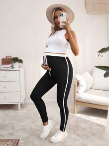 SHEIN 孕妇弹力腰拼接黑白打底裤，秋冬休闲 - 黑色 - 查看 6