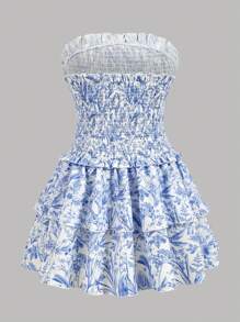 SHEIN 女童蓝白花卉印花双荷叶边下摆露肩度假连衣裙 - 藍白色 - 查看 3