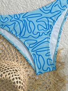 Swim Mod Conjunto de bikini sexy para mujer con parte superior de tirantes y Bottom tipo braga, estampado todo sobre, para playa de verano. Traje de baño de 2 piezas con estampado aleatorio - Azul - Ver 3