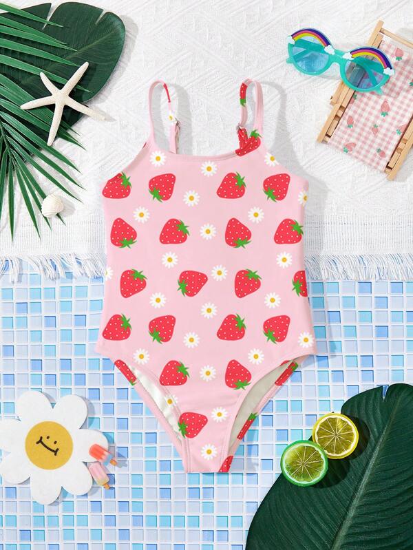 Costum de baie dintr-o singură piesă, roz crem, cu model drăguț de margarete și căpșuni, stil minimalist casual pentru fete tinere, potrivit pentru vacanța de vară relaxantă