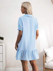 SHEIN Striped Short Sleeve Button Front Flounce Hem Casual Maternity Shirt Dress - Blue and White - View 2
