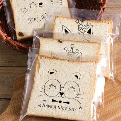 SHEIN 100 adet, Sevimli Karikatür Şeffaf Kendinden Yapışkanlı Ekmek Poşeti, Fasulye Ezmesi Ananas Poşeti Fırında Dilimlenmiş Tost Tam Buğday Ekmeği Kendinden Yapışkanlı Ambalaj, Bisküvi Poşeti Okul Malzemeleri Gıda Poşeti Gıda Kutusu Şeker Çikolata Kurabiye Vb. İçin Uygundur.