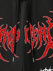 ROMWE MEN Goth Men's Gothic Letter Print Drawstring Waist Loose Casual Shorts - Black - View 4