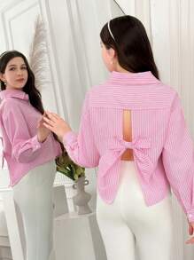 少女休闲通勤条纹后背系带衬衫 - 粉色 - 查看 4