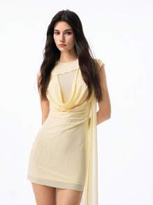 LYSMO Women's Sleeveless Draped Summer Mini Dress,Pale Yellow,Elegant,Night Out Flowing Scarf Detail,Beach Vacation Birthday Party Outfits,Office Wear - Cream - View 7