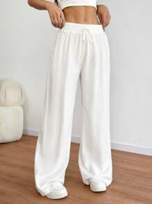 SHEIN PETITE 女款弹性腰部阔腿直筒裤，度假休闲风格，小码版型，春夏 - 白色 - 查看 1