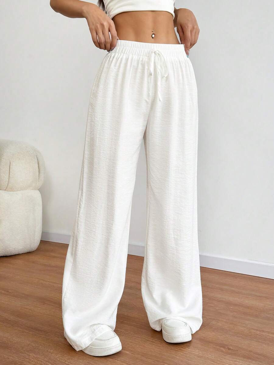 SHEIN PETITE 女款弹性腰部阔腿直筒裤，度假休闲风格，小码版型，春夏 - 白色 - 查看 1