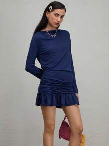 COUREZ 斜领长袖迷你连衣裙/女士夏季穿搭/夏季外出休闲连衣裙/Y2K复古风 - 棕色 - 查看 5