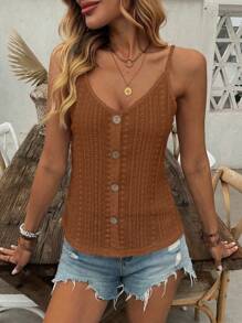 SHEIN LUNE 女士时尚镂空提花纹理波西米亚风纽扣装饰吊带背心 - 棕色 - 查看 6