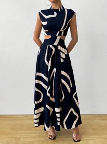 SHEIN Clasi 夏季优雅几何印花+腰部镂空无袖连衣裙