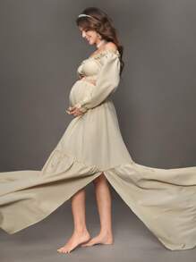 SHEIN 2 件孕妇摄影服装，优雅派对礼服 - 杏色 - 查看 4