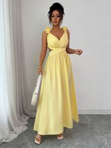 Elenzga Vestido elegante de mujer de unicolor con dobladillo con volantes, abertura en la cintura y diseño con espalda descubierta con cordones