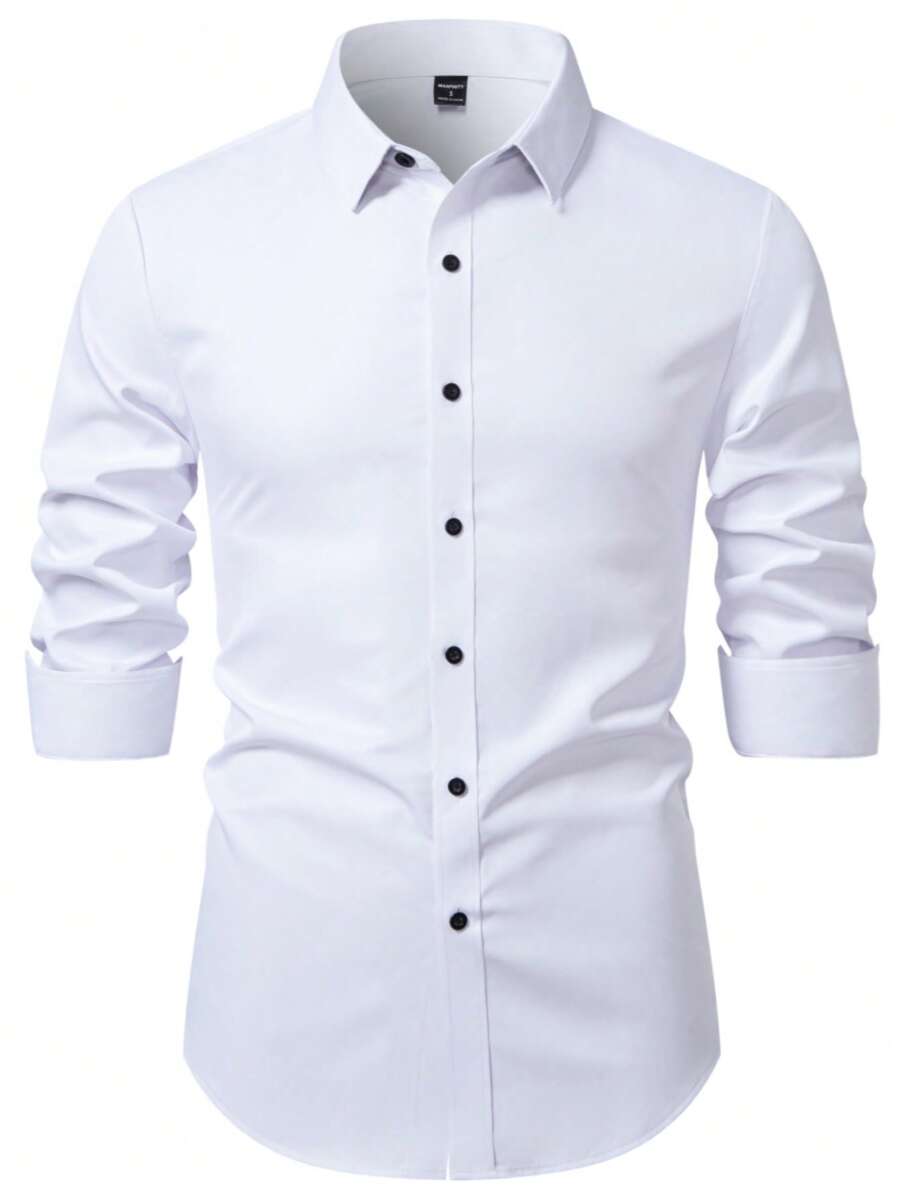 Manfinity Bizformal Men's Solid Color Simple Daily Long Sleeve Shirt, White Dress Shirts For Men, Men's Business Shirt, Men's Business Casual Shirt, Dress Shirt - White - View 1