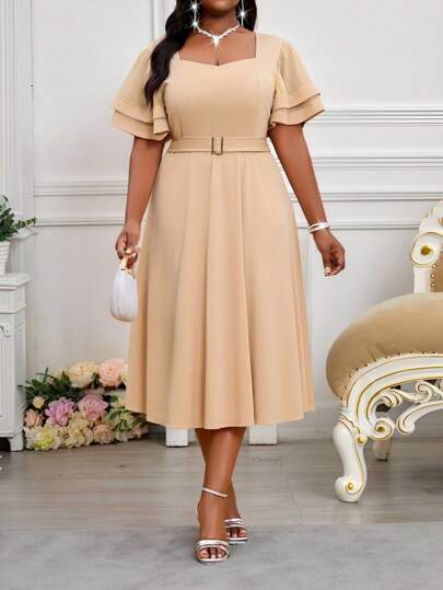 SHEIN Lady 春夏优雅派对婚礼酒会音乐会/音乐节卡其色针织重叠领撞色亮片中长短袖加大码连衣裙，女士礼服