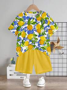 LEMON, HOLIDAY, VACATION, LIMON CELLO, FAMILY TRIP, LOVE, I LOVE MOMMY, I LOVE DADDY, Baby Boy Casual Minimalist Round Neck Short Sleeve Top And Shorts 2 Pieces Set, Suitable For Summer Lemon Shirt Baby Boy Baby Lemon Outfit Baby Boy Summer Outfit Toddler Lemon Shirt Baby Boy Lemon Shirt Set