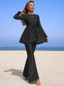 Swim Mulvari Bộ 2 món/bộ đồ bơi kín đáo cổ tròn tay dài màu trơn cho nữ, áo cạp chun rút và quần ống rộng - màu đen - Xem 7