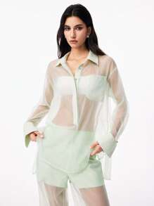 LYSMO Women's Mint Green Semi-Transparent Patchwork Lightweight Asymmetrical Summer Elegant Seksi Chic Club Night Oversized Shirt For Beach Vacation 2025 - Green - View 1