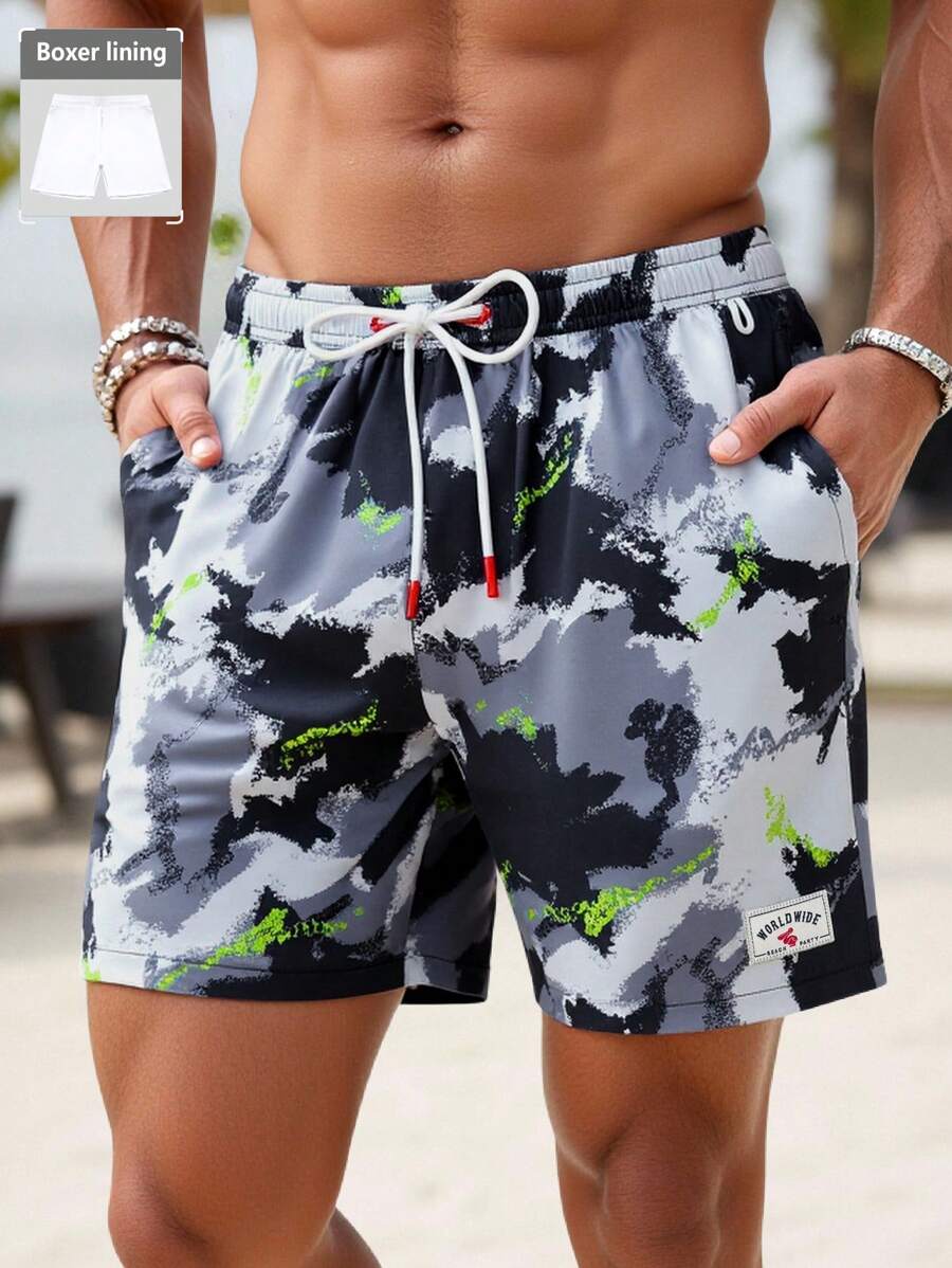 Manfinity Swimmode Men's Tie-Dye Print Drawstring Waist Pocketed Casual Beach Shorts - Grey - View 1