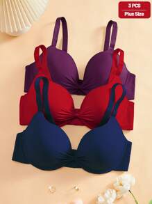 SHEIN 3 件大码纯色蝴蝶结聚拢罩杯超细纤维带钢圈曲线文胸（紫蓝红），提升