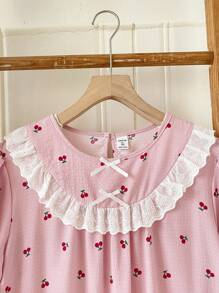 White Bow Ruffle Trim Red Cherry Bubble Crinkle Long Sleeve Nightgown Loungewear, For Teenage Girls - Pink - View 6