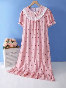 White Bow Ruffle Trim Red Cherry Bubble Crinkle Long Sleeve Nightgown Loungewear, For Teenage Girls - Pink - View 7