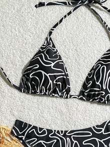 Swim Mod Women's Vacation Striped Print Halter Tie Open Back Sexy Bikini, Printed Pattern Random Summer - Multicolor - View 5