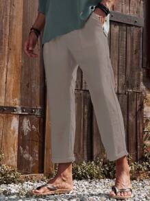 Manfinity RSRT Men's Casual Solid Color Drawstring Waist Pants Men Linen Pants Boho Pants - Khaki - View 3