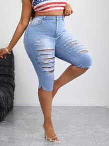 SHEIN EZwear 大码女式口袋破洞紧身休闲牛仔裤，蓝色破洞牛仔裤，适合日常穿着、夏季、Y2K、美国独立日女性、美国独立日、夏季服装、商务休闲女装、女式西部装、女式休闲套装、女式破洞牛仔裤七分裤 - 藍色 - 查看 4