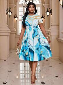 SHEIN Lady 春夏秋冬休闲优雅通勤复古波西米亚风婚礼海滩蓝色彩色针织圆领喇叭A字裙短袖大码连衣裙 - 彩色 - 查看 6