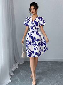 Selianne Women Elegant Ruched Print Bodycon Mini Dress, Suitable For Commuting And Everyday Wear