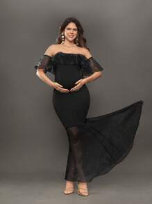 SHEIN Solid Off Shoulder Ruffle Organza Mermaid Long Maternity Dress For Baby Shower/Christening/Party - Black - View 6