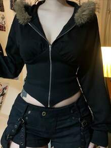 INAWLY 女士休闲仿毛领连帽收腰夹克