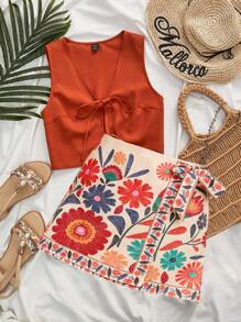 Travachic 2 件套女式纯色吊带背心和橙色花卉图案迷你裙套装，夏季时尚，度假风格，编织图案印花，女士休闲夏季度假服装，波西米亚海滩度假服装，波西米亚风情，节日服装，女士海滩服装，女士夏季服装，女士音乐会服装，热带度假女装，节日服装，波西米亚服装
