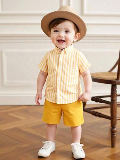 Souflis Souflis 2pcs Boys Gentleman Colorblock Stripe Print Shirt + Plain Shorts Set, Summer Outfit For Daily Wear & Party Yellow Baby Outfit Summer Outfits For Toddler