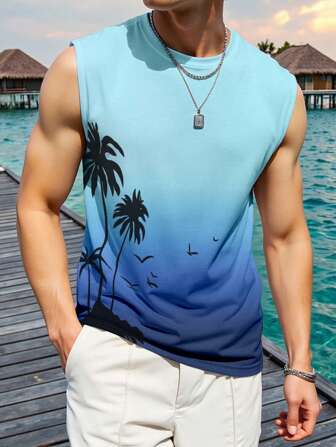 Manfinity Chillmode Camiseta de tirantes casual de cuello redondo con estampado de palmeras para hombre, camiseta de playa de verano para hombre