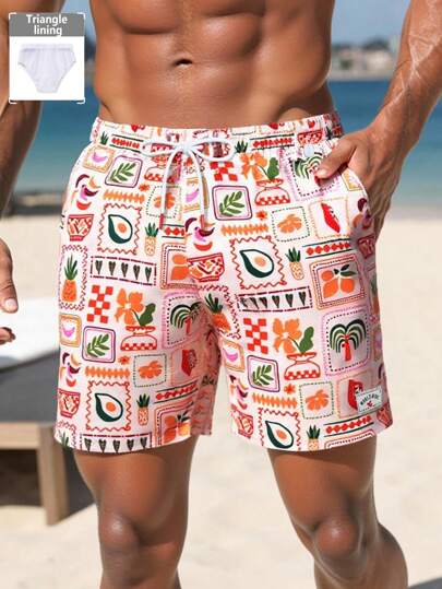 Surfspeed Men's Floral & Pineapple Print Drawstring Waist Beach Shorts Men Vacation Men Beach Shorts Men Vacation Clothes