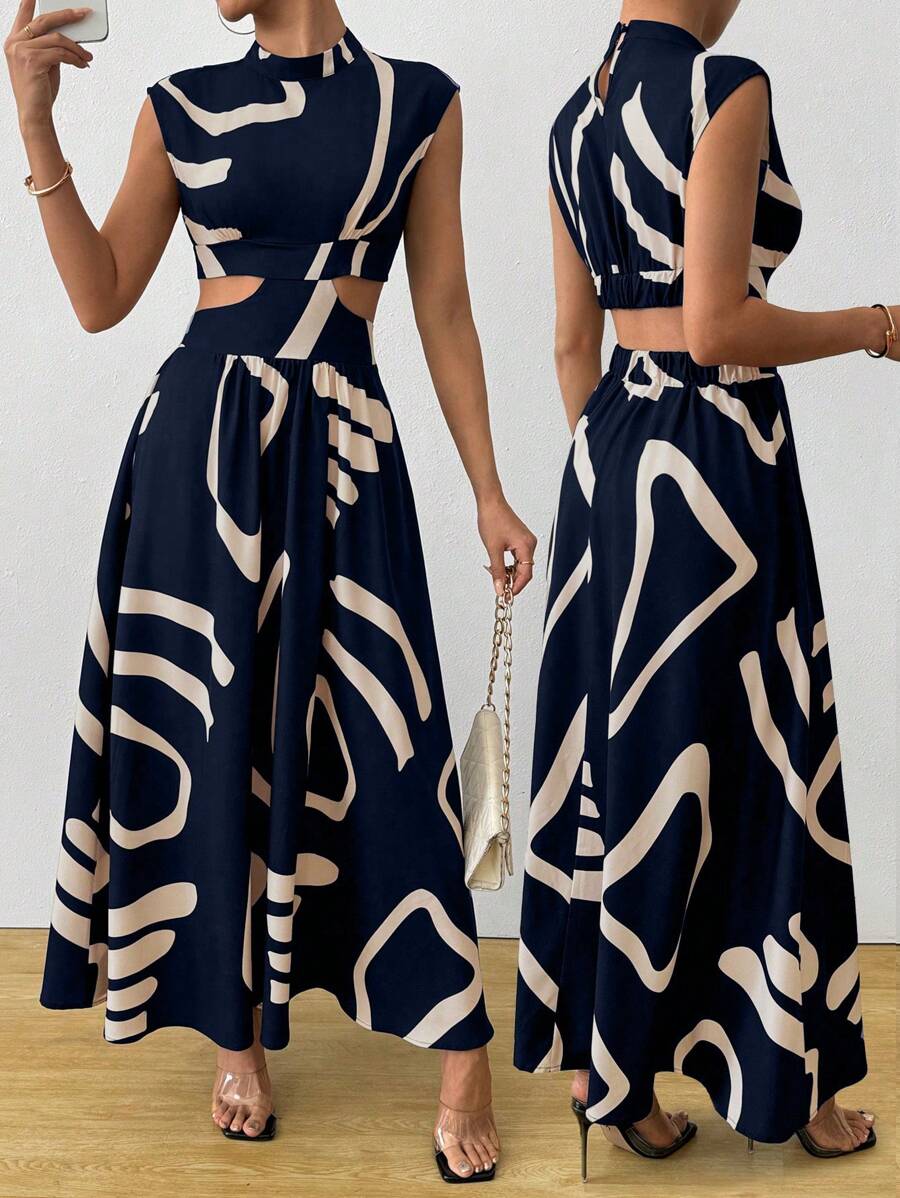 SHEIN Clasi 夏季优雅几何印花+腰部镂空无袖连衣裙